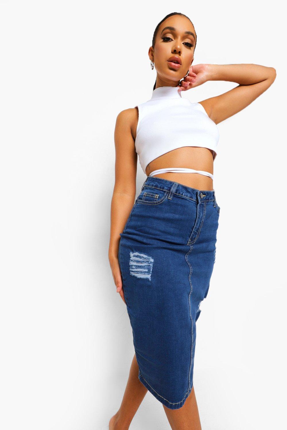 Distressed Denim Midi Skirt boohoo CA